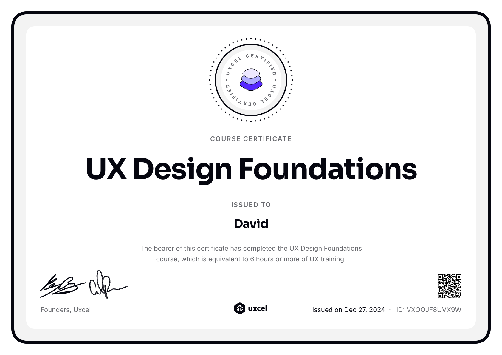 David Melvin's certificate